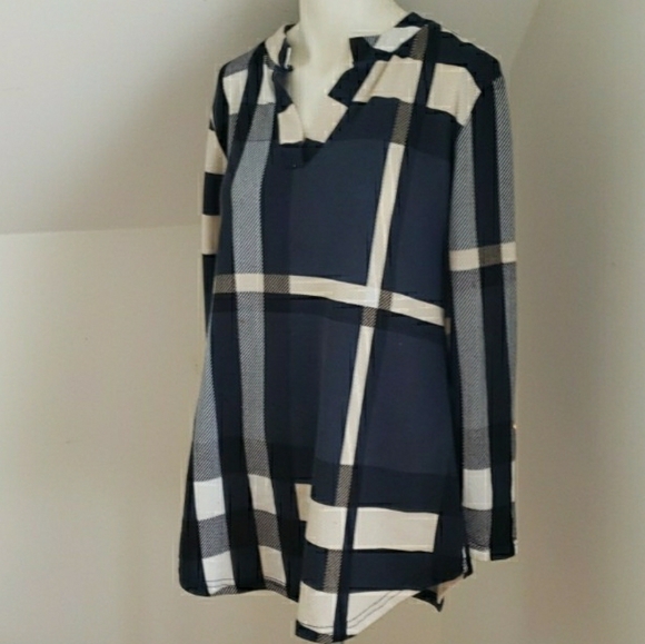 Lildy Button Sleeve Tunic Plaid Blue and Cream, Size  S-M - Picture 3 of 16